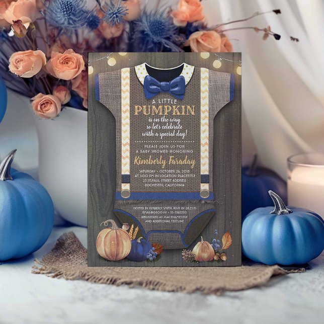 Invitación Boy Baby Shower Fall Pumpkin Rústico Burlap Wood (Navy Blue and Orange Rustic Fall Baby Shower Invitations)