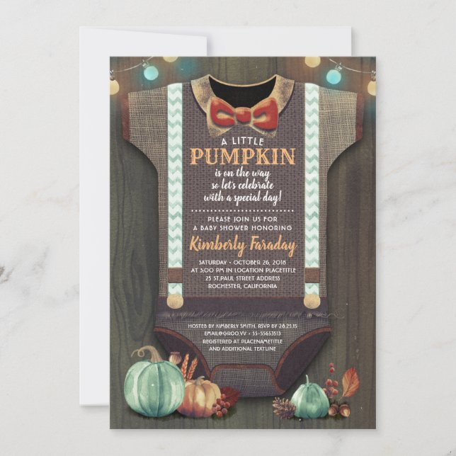 Invitación Boy Baby Shower Fall Pumpkin Rústico Burlap Wood (Anverso)