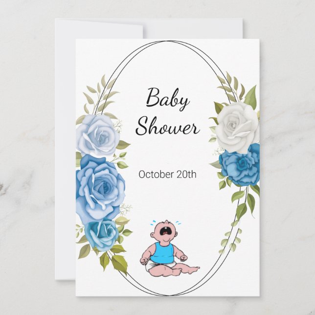 Invitación Boy Baby Shower Fiesta Flores azules Blanco (Anverso)