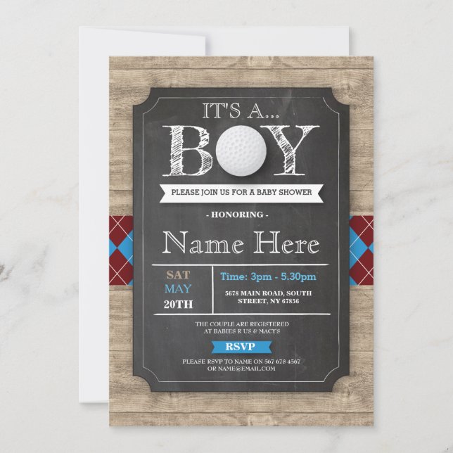 Invitación Boy Baby Shower Golf Ball Argyle Chalk Invite (Anverso)
