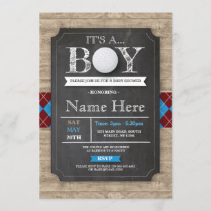 Invitación Boy Baby Shower Golf Ball Argyle Chalk Invite