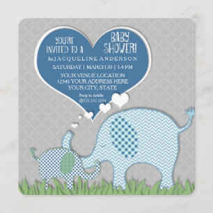 Invitación Boy Baby Shower Heart Elephants Retro Modern