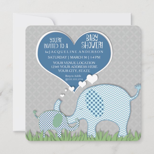 Invitación Boy Baby Shower Heart Elephants Retro Moderno (Anverso)