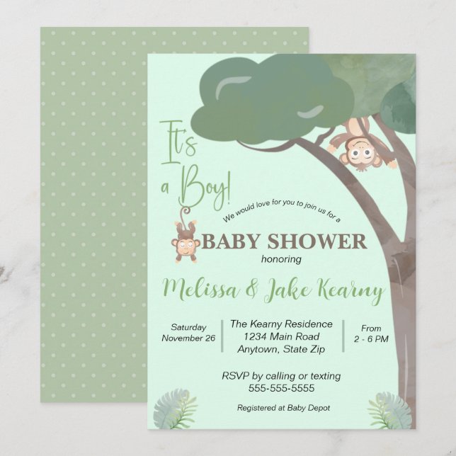 INVITACIÓN BOY BABY SHOWER, MONKEY BABY SHOWER (Anverso / Reverso)