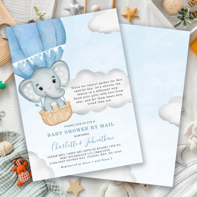 Invitación Boy Baby Shower Por Correo Elephant Blue (Boy Baby Shower By Mail Elephant Blue Invitation)