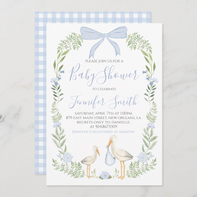 Invitación Boy Baby Shower Preppy Southern Blue Stork (Anverso / Reverso)