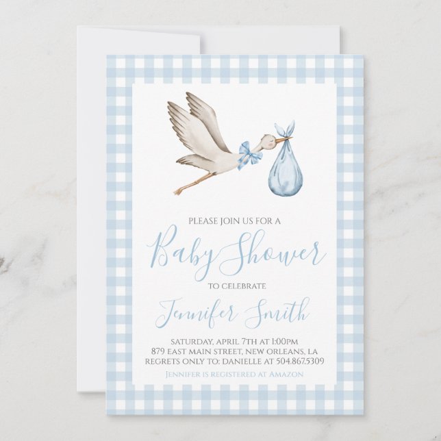 Invitación Boy Baby Shower Preppy Southern Blue Stork (Anverso)