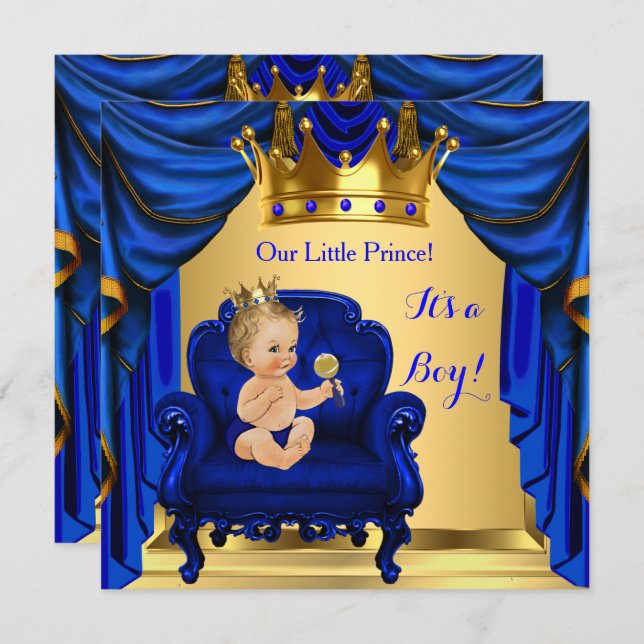 Invitación Boy Baby Shower Prince Royal Blue Gold Blona (Anverso / Reverso)
