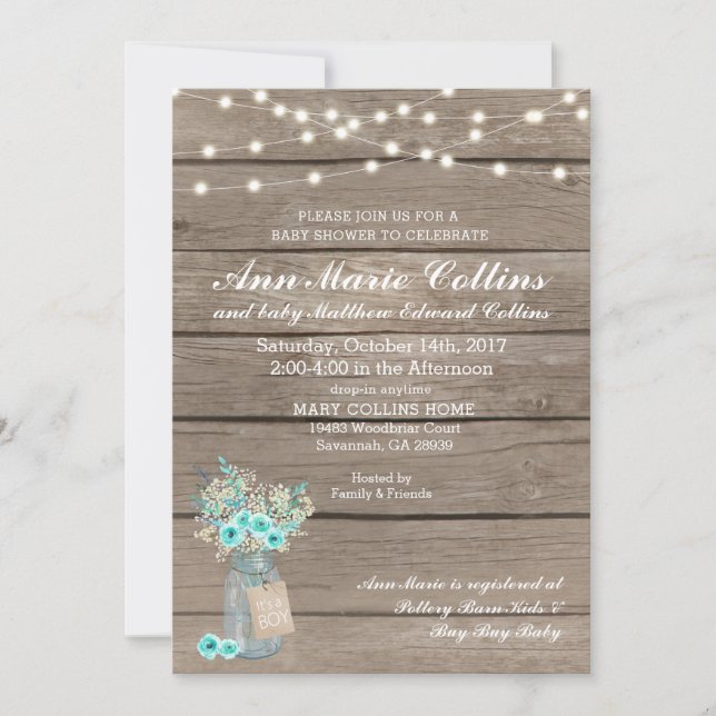 Invitación Boy Baby Shower Rustic Babys Breath String Lights (Anverso)