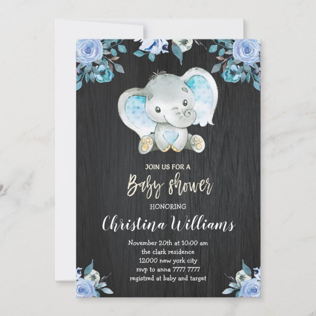 Invitación Boy Baby Shower Rustic Blue Flowant Elephant (Anverso)