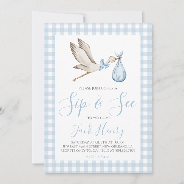 Invitación Boy Baby Shower Southern Sip y See Blue Stork (Anverso)