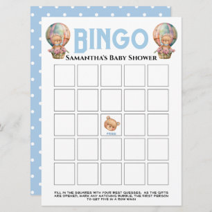 Invitación Boy Baby Shower Teddy Balloon Bingo Azul