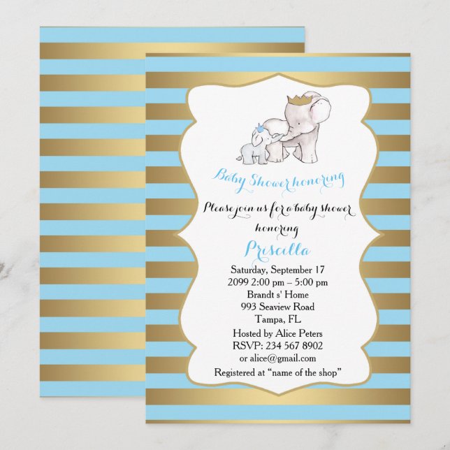 Invitación BOY Baby Shower, tira, azul, oro, elefantes (Anverso / Reverso)