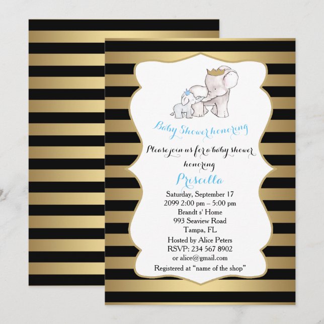 Invitación BOY Baby Shower, tiras, negro, oro, elefantes (Anverso / Reverso)