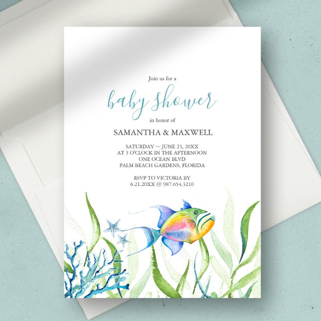 Invitación Boy Baby Shower Tropical Watercolor (Boy Baby Shower Tropical Watercolor Invitation are and design by Victoria Grigaliunas )