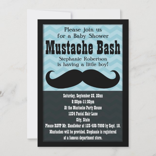 Invitación Boy Baby Shower Vintage Blue Mustache Bash (Anverso)