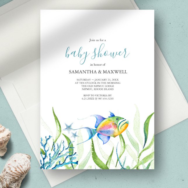 Invitación Boy Baby Shower Watercolor Cute Fish (Boy Baby Shower Invitations Watercolor Cute Tropical Fish art and design by Victoria Grigaliunas)