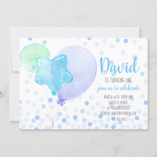 Invitación Boy Ballons Confetti Blue Cute Primer Fiesta de cu