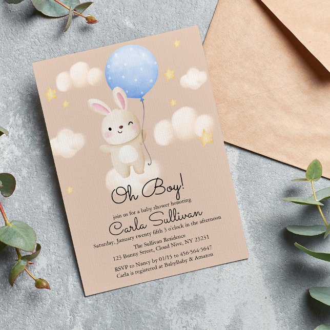 Invitación Boy Balloon Cute Brown Bunny Baby Shower (Subido por el creador)