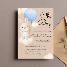 Invitación Boy Balloon Cute Brown Bunny Baby Shower