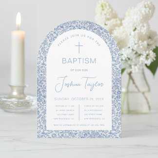 Invitación Boy Baptism Arch Azul Floral Floral Vintage Patrón