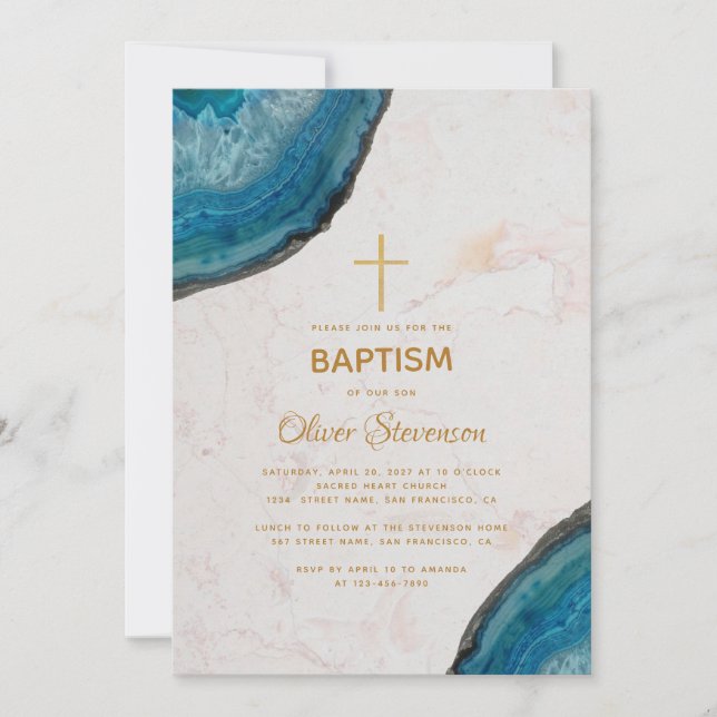 Invitación Boy Baptism Blue Agate Geode Marble Gold Cross (Anverso)