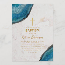 Invitación Boy Baptism Blue Agate Geode Marble Gold Cross