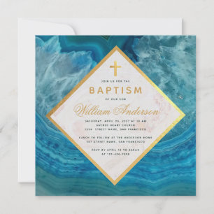 Invitación Boy Baptism Blue Geode Faux Gold Cross Marble