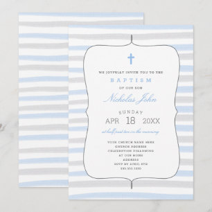 Invitación Boy Baptism con franjas de color gris azul