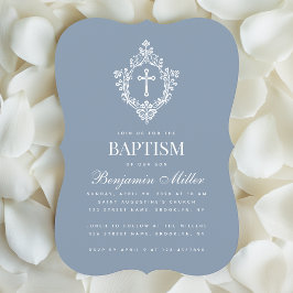 Invitación Boy Baptism Dusty Blue Elegage Escudo blanco