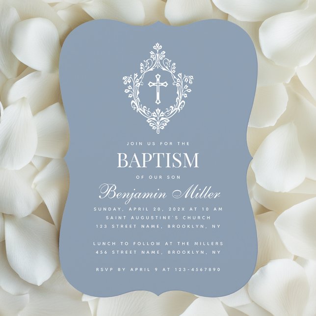 Invitación Boy Baptism Dusty Blue Elegage Escudo blanco (Subido por el creador)