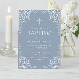 Invitación Boy Baptism Dusty Blue Elegant Faux Silver Leaves