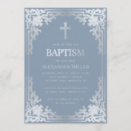 Invitación Boy Baptism Dusty Blue Elegant Faux Silver Vintage