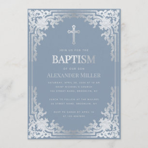 Invitación Boy Baptism Dusty Blue Elegant Faux Silver Vintage