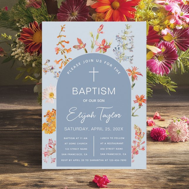 Invitación Boy Baptism Floral Arco azul Flores silvestres Rel (Subido por el creador)