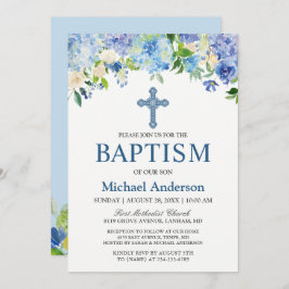 Invitación Boy Baptism Hidrangea Azul Acuarela Floral