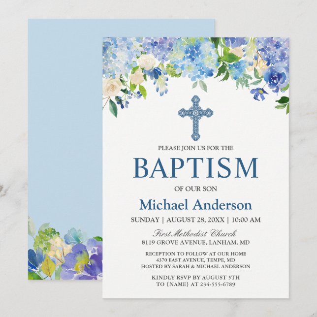 Invitación Boy Baptism Hidrangea Azul Acuarela Floral (Anverso / Reverso)