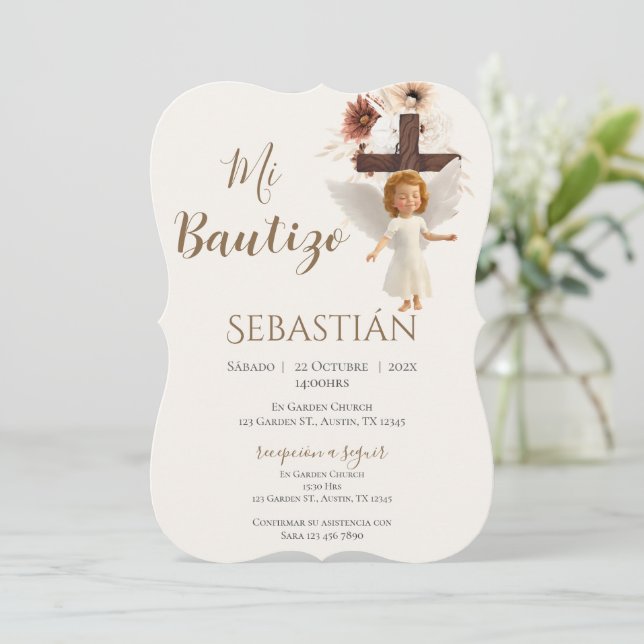 Invitación Boy Baptism Invitation in Spanish Boho (Anverso de pie)