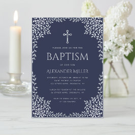 Invitación Boy Baptism Nave Blue Vintage Faux Silver Leaves