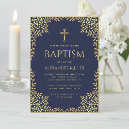 Invitación Boy Baptism Navy Blue Faux Gold Sale Elegante