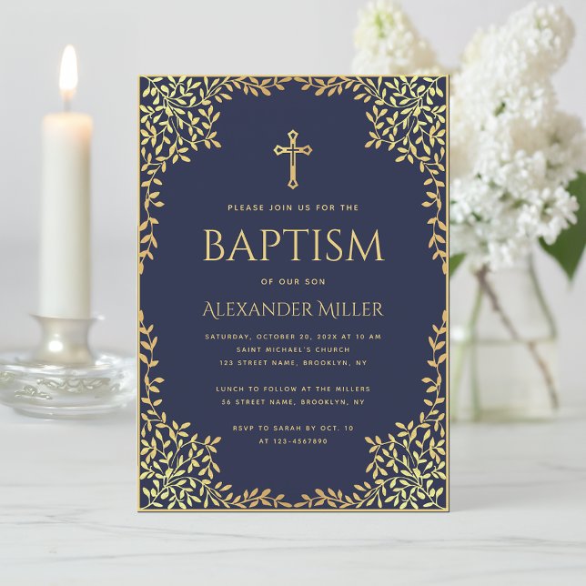 Invitación Boy Baptism Navy Blue Faux Gold Sale Elegante (Subido por el creador)