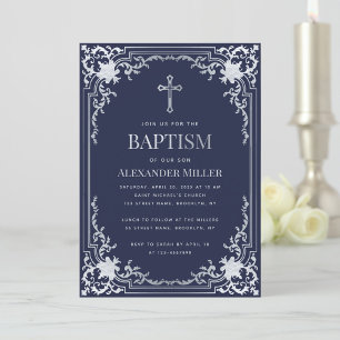 Invitación Boy Baptism Navy Blue Faux Silver Vintage Elegante