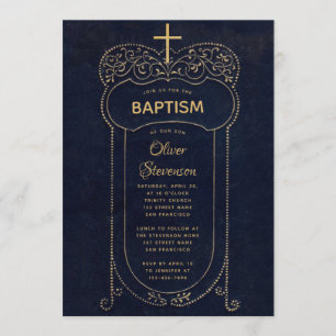 Invitación Boy Baptism Navy Blue Vintage Calligraphy Cross