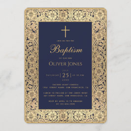 Invitación Boy Baptism Navy marco floral dorado azul Elegante