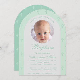 Invitación Boy Baptism Photo Modern Arch Mint Green Script