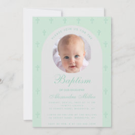 Invitación Boy Baptism Photo Modern Arch Mint Green Script