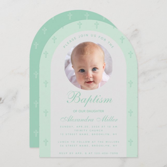 Invitación Boy Baptism Photo Modern Arch Mint Green Script (Anverso / Reverso)