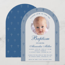 Boy Baptism Photo Moderne Dusty Blue Arch Script