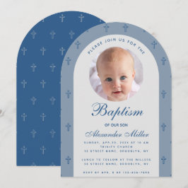 Invitación Boy Baptism Photo Moderne Dusty Blue Arch Script