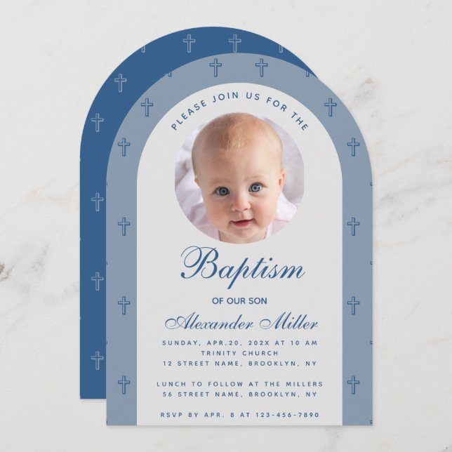 Invitación Boy Baptism Photo Moderne Dusty Blue Arch Script (Anverso / Reverso)